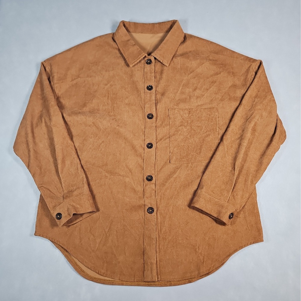 Shein Womens Brown Corduroy Button Up Shacket Shirt Jacket Size Large